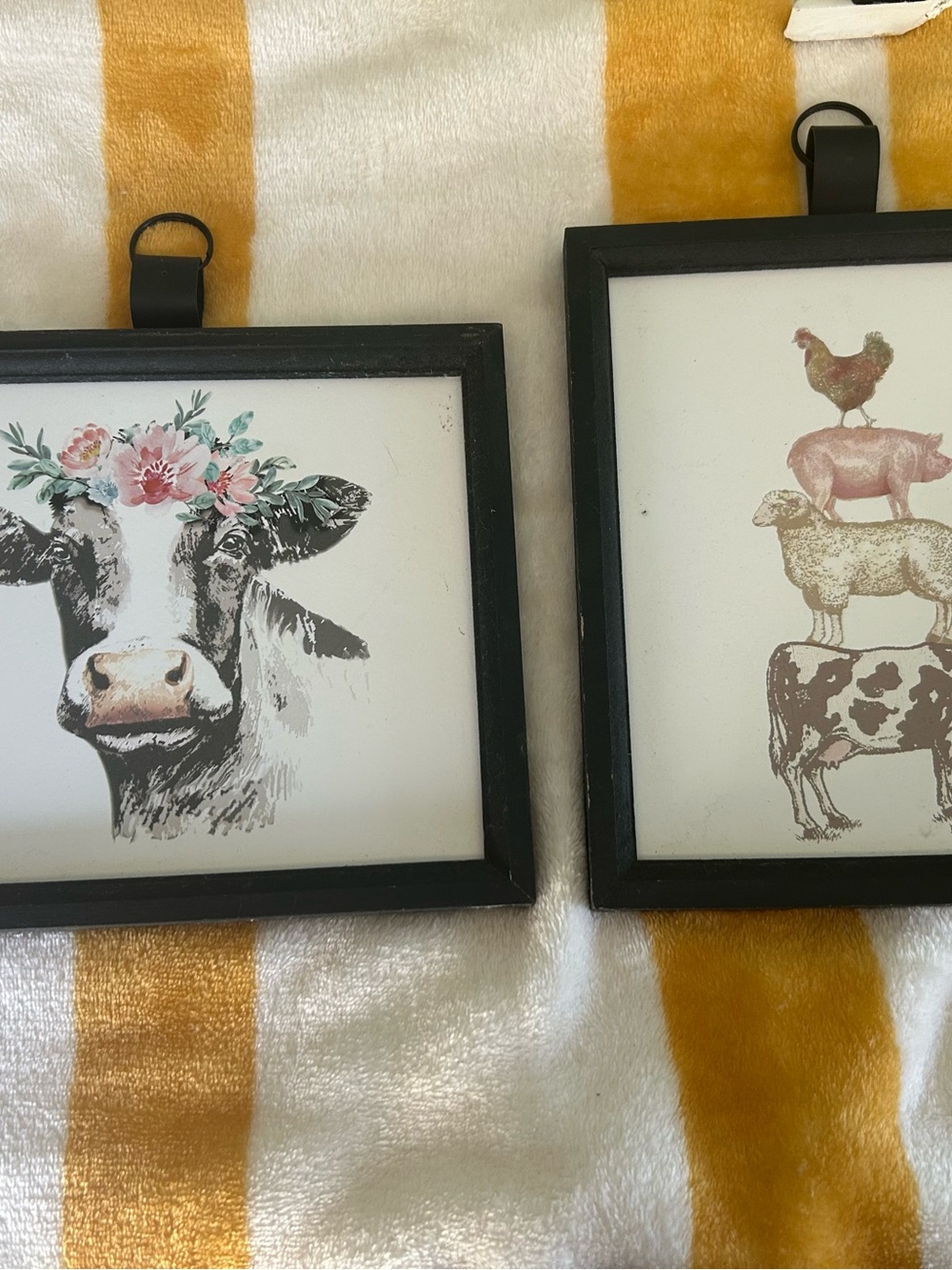Black Framed Farm Animal Wall Art - Floral Cow and Stacked Animals (Set of 2)